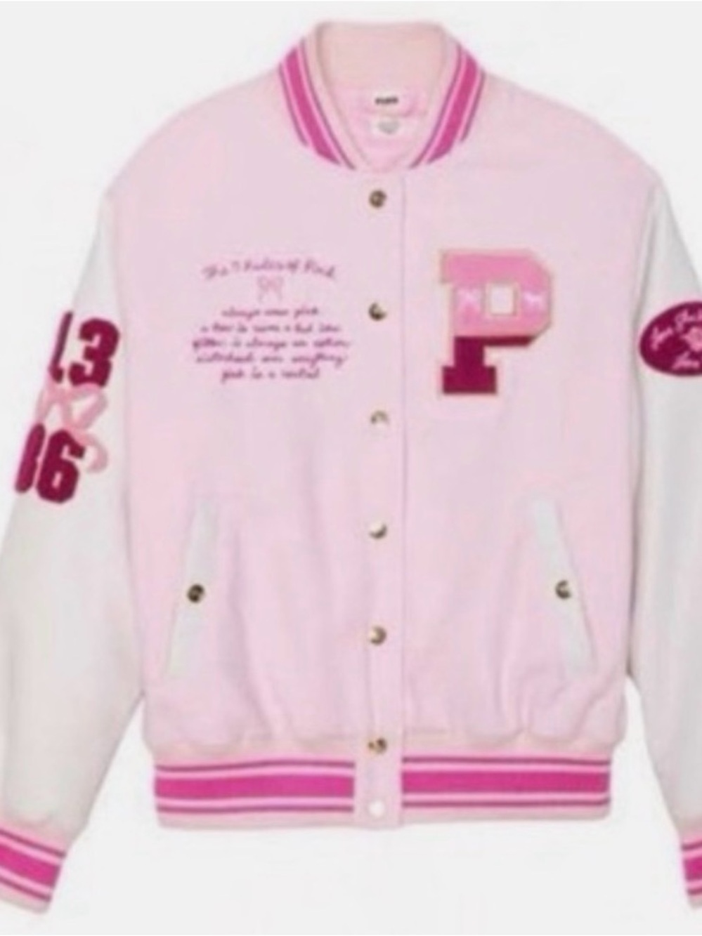 LoveShackFancy Pink and White Varsity Bomber Jacket